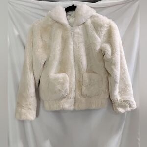 H&M Girls Faux Fur Jacket Size M 8-10 Cream White Hooded w/Bear Ears Full Zip